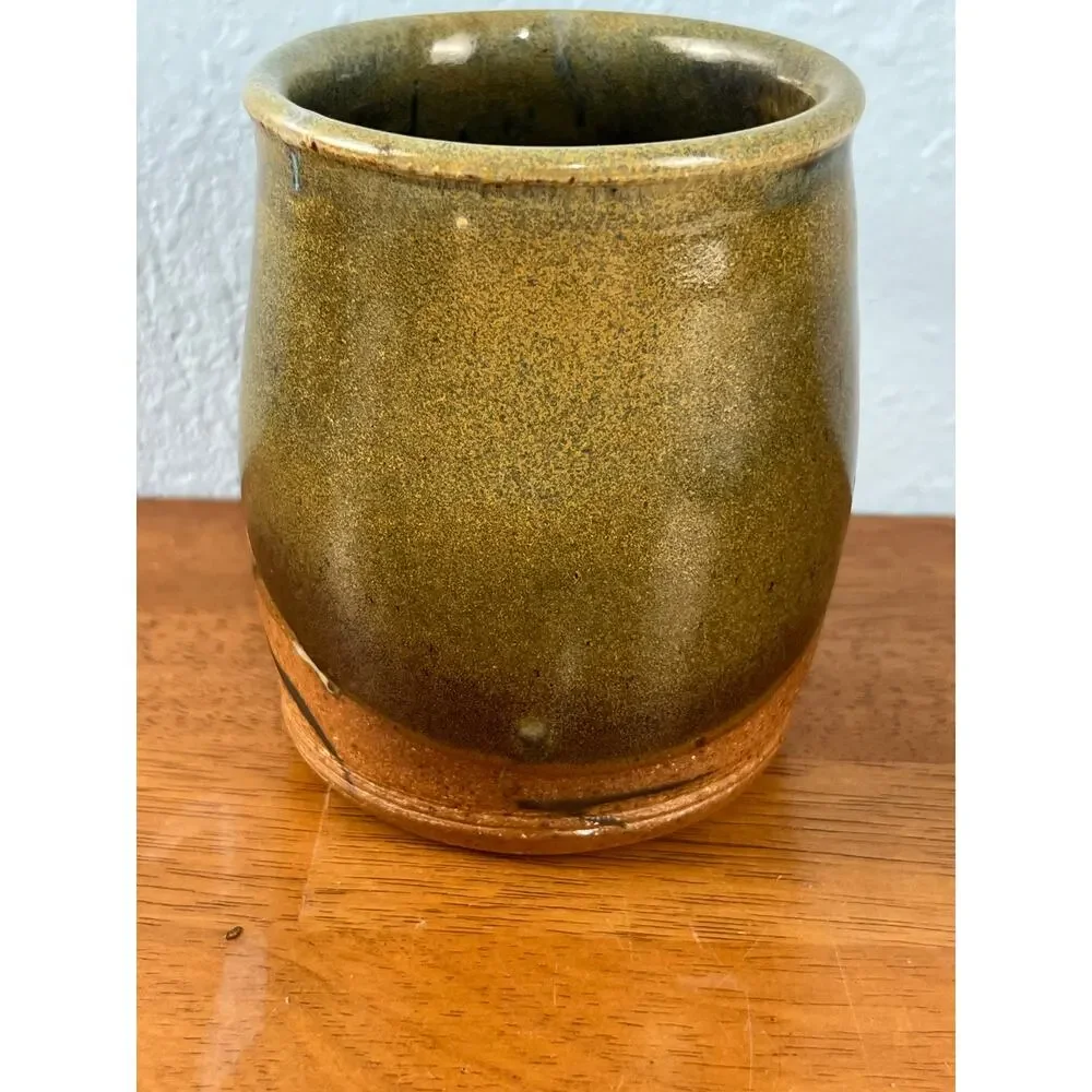 VTG Art Pottery Stoneware Coffee Mug Olive Brown Glaze Handmade Southwestern